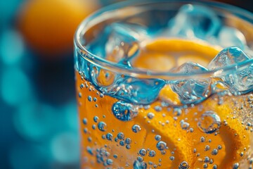 Poster - Refreshing citrus drink with bubbles served in a clear glass on a summer day