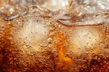 Aufkleber - Sparkling beverage in a glass with ice cubes on a warm day at a relaxed cafe setting