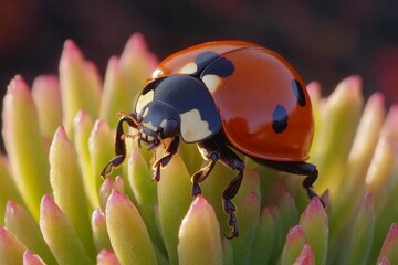 Poster - Close-up of a vibrant ladybug on a spiky succulent plant in a garden setting during daylight hours