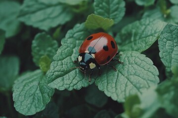Poster - Red ladybug resting on green leaves in a lush garden during a sunny afternoon