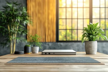 Aufkleber - A modern workspace with plants and natural light in a serene indoor setting