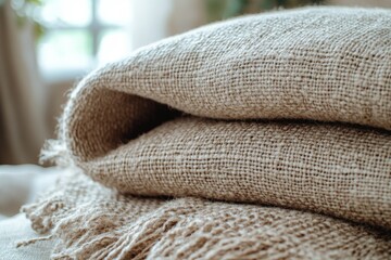 Poster - Cozy linen blankets stacked softly on a warm, inviting sofa by a sunlit window