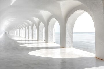 Poster - Arched corridor with white walls and ocean view at daytime in a serene coastal location