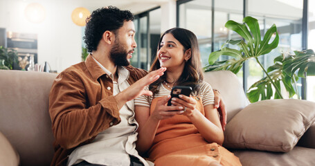 Poster - Home, conversation or couple on sofa, cellphone or love with social media, chatting or relationship. Digital app, man or woman on couch, smartphone or email notification with marriage and talking