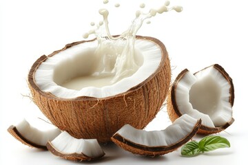 Aufkleber - Natural coconut with milk inside splashing out, surrounded by fresh coconut pieces on white background
