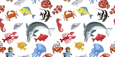 Poster - Sea creatures, fish, jellyfish, dolphins, crayfish, penguins. Stylish pattern of sea creatures.