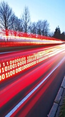 Poster - Abstract red light trails with binary code overlays convey data transmission