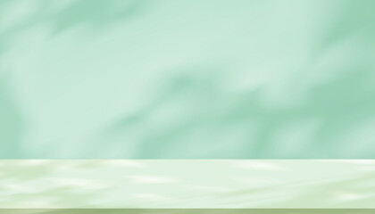 Poster - Green Background,Shadow leave and blurred gradient light on studio wall room and podium stage for cosmetic product presentation,Summer or Spring banner green pastel with abstract sunlight on floor