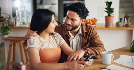 Poster - Home, love and couple with smartphone, talking and social media with connection. People, apartment and man with woman, texting and conversation with digital app, subscription and website info