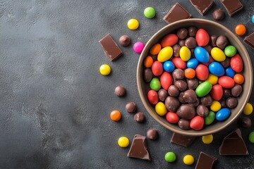 Poster - Colorful candy assortment in a bowl surrounded by chocolate pieces on a dark textured surface