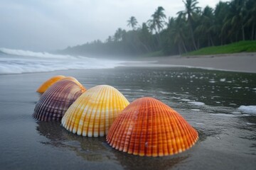 Aufkleber - Vibrant seashells rest on wet sand at a tranquil beach during the morning fog
