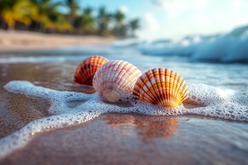 Poster - Colorful seashells resting on wet sand at a tropical beach during sunset