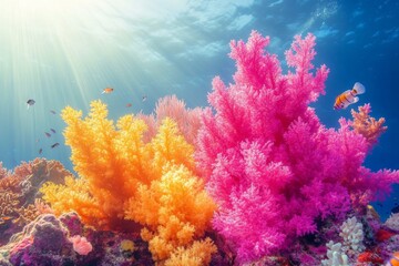 Poster - Colorful coral reef ecosystems thrive under sunlight with various fish swimming around