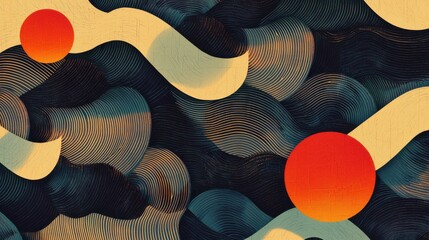 Poster - Abstract digital art featuring orange circles and textured waves on a dark background. Pixelated and glitch effects are present, creating a retro-futuristic aesthetic