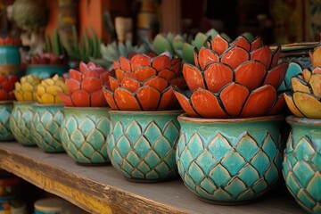Poster - Vibrant terracotta pots with colorful flower designs displayed at a local market