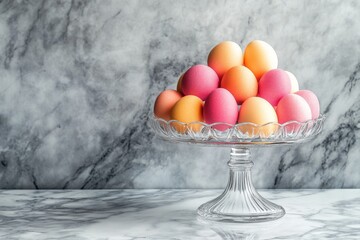 Poster - Colorful Easter eggs arranged on a glass stand create a festive display in a bright kitchen