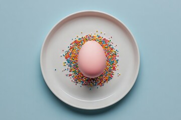 Aufkleber - Pink egg placed on colorful sprinkles in a round white plate on a light blue background