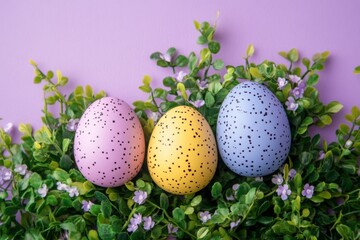 Poster - Colorful speckled easter eggs on green foliage with purple background for spring celebration