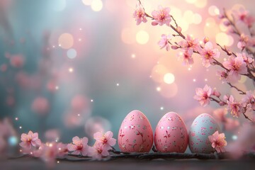 Aufkleber - Colorful Easter eggs beside blooming cherry blossoms in a serene spring setting during the golden hour