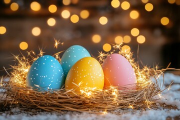 Poster - Colorful Easter eggs nestled in a straw nest, illuminated by soft fairy lights in a cozy, festive atmosphere during springtime