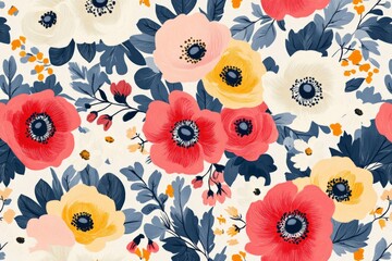 Aufkleber - Colorful floral pattern featuring red, yellow, and pink flowers with green leaves on a light background