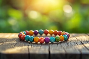 Aufkleber - Colorful handmade bracelet displayed on a wooden surface in a natural setting during golden hour