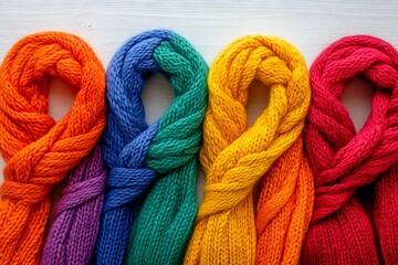 Aufkleber - Colorful knitted scarves arranged in a row showcase vibrant hues and textures perfect for winter fashion