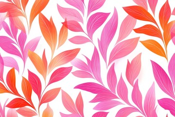 Poster - Colorful leaf pattern with vibrant pink and orange hues on a white background, ideal for fabric or wallpaper design