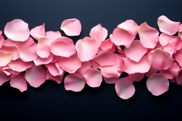 Poster - Pink rose petals scattered on a dark background create a serene and elegant arrangement for any occasion or decor