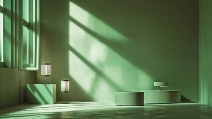 Poster - modern indoor space with soft green tones and dramatic light play in a minimalist setting during day