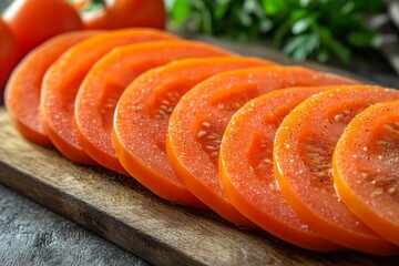 Poster - Sliced fresh tomatoes arranged neatly on a wooden cutting board garnished with parsley and seasoned with black pepper