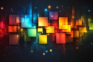 Fototapete - Vibrant digital abstract artwork featuring colorful squares and glowing particles in a dark background