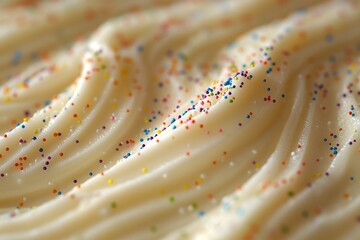 Poster - Delicious vanilla frosting topped with colorful sprinkles on a cake in a bakery setting during daytime