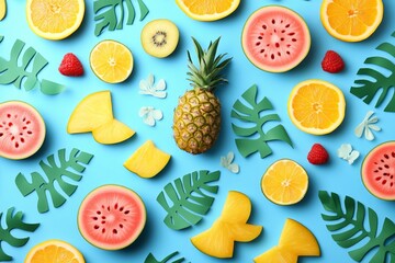Poster - Colorful arrangement of tropical fruits and green leaves on a bright blue background ideal for summer