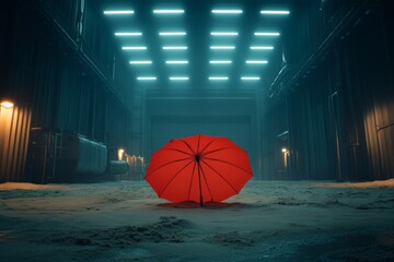 Poster - Red umbrella stands alone in an industrial space illuminated by blue lights during a quiet moment