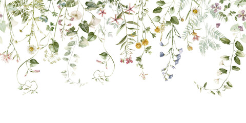 Watercolor wildflower floral seamless border - illustration with flowers, green leaves and branches, for wedding stationary greetings, wallpapers, fashion, backgrounds, textures, DIY, wrappers, cards.