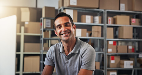 Aufkleber - Computer, portrait and supply chain with man in distribution center for schedule or stock update. Boxes, logistics and smile with courier employee in office for delivery, ecommerce or shipping