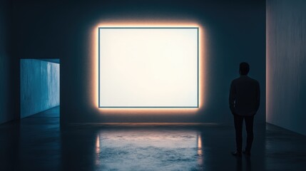 Poster - A solitary figure stands in a dimly lit gallery, gazing at a blank illuminated frame on the wall, evoking contemplation