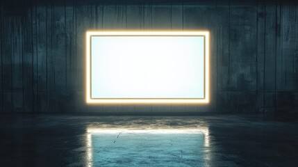 Poster - A glowing rectangular frame illuminates a dark, empty room with a reflective floor, creating a serene atmosphere