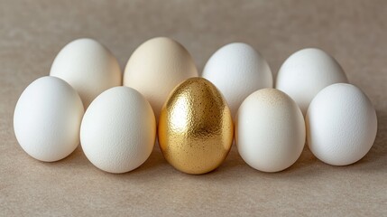 Poster - A striking arrangement of white eggs surrounding a shiny golden egg, set against a neutral background, symbolizing rarity