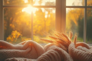 Aufkleber - Warm sunlight filters through a window highlighting soft blankets and wheat stalks during a peaceful autumn evening