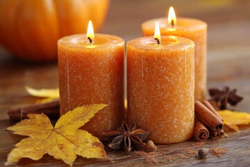 Poster - Cozy autumn ambiance with orange candles and fall decorations on a wooden table
