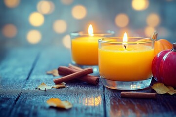 Aufkleber - Cozy autumn ambiance created by orange candles surrounded by pumpkins and cinnamon sticks on wooden table