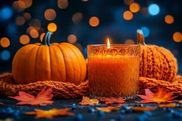 Poster - Pumpkin decorations with a glowing candle create a cozy autumn ambiance during an evening gathering