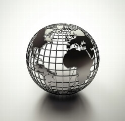 Poster - metallic globe with grid pattern, symbolizing global connectivity and geography, reflects light beautifully