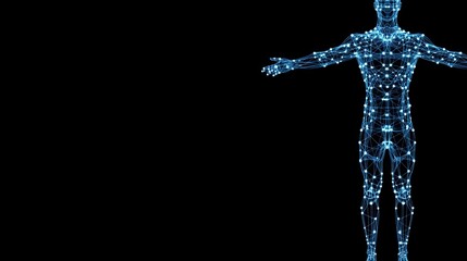 Digital wireframe human silhouette: abstract blue network on black background