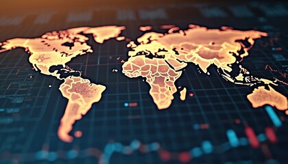 Poster - financial graphs charts overlay world map. analysis of global economy finance, business, investment,