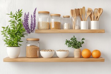 Aufkleber - Decorative kitchen shelves displaying jars, plants, utensils, and fruits in a modern home setting