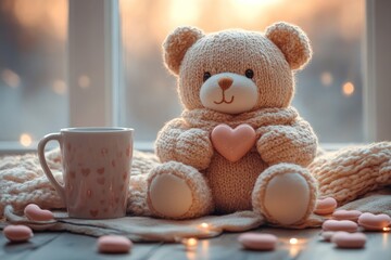 Aufkleber - Soft teddy bear with heart and warm cup on cozy blanket during golden hour at home