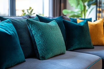 Aufkleber - Elegant velvet cushions arranged on a modern sofa enhancing the living room decor with vibrant colors in natural light